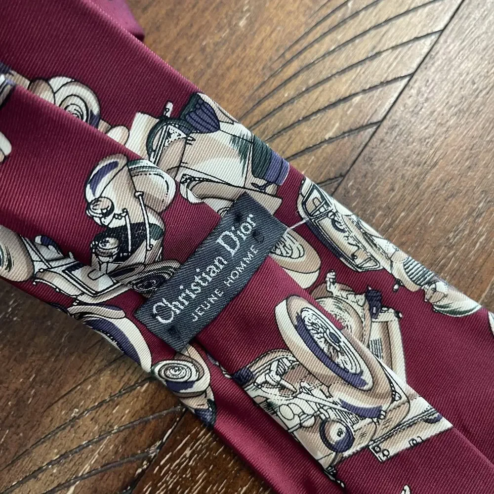 Christian Dior Tie Mens One Size Red Silk Classic Car Print Made USA Necktie